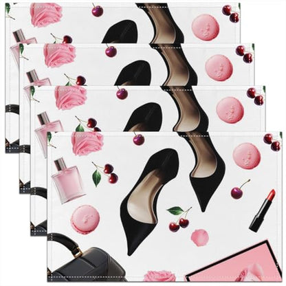 Erosebridal High Heel Placemats Set of 4 12x18 Handbag Place Mat for Girls Women Macarons Rose Cherry Fantasy White Pink Black Heat Resisting Table Mats - color: White Pink Black