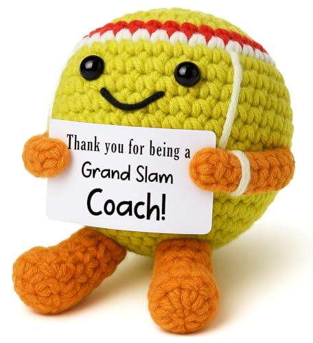 Mini Positive Crochet Tennis Ball Gifts for Women Men - Handmade Crochet Tennis Ball, Motivational Encouragement Christmas White Elephant Gift for Tennis Balls Lover Coworker Friend Coach - style: Thank You Coach
