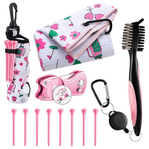 Liliful 12 Pcs Golf Accessories Kit, Include Golf Ball Bag with Hook Towel Tees Magnetic Ball Marker Divot Tool Cleaner Brush for Women Man Gifts - color: Pink, style: Floral