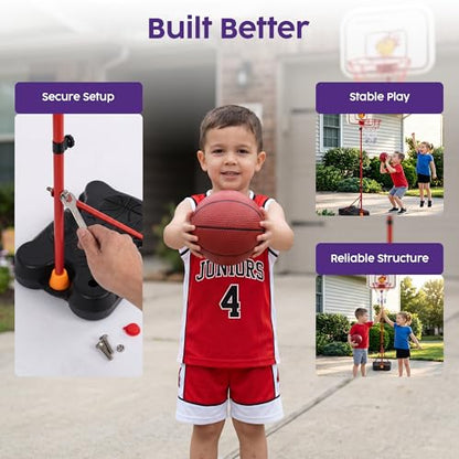 Kids Basketball Hoop Set with T Ball Stand, 4 in 1 Adjustable Kids Sports Toy Indoor Outdoor, Basketball Goal for Kids 2 to 8, Easy Setup, Durable Base, Gift Toy