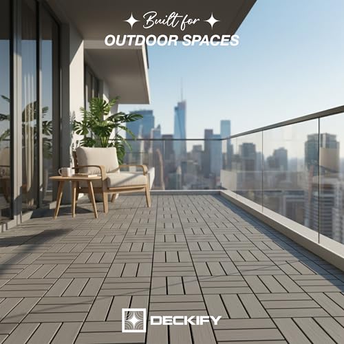 9Pcs Premium Acacia Wood Interlocking Patio Deck Tiles, 12 x 12 x 0.9 Inch Outdoor Flooring, Waterproof for All-Weather Use – Crossed, Gray