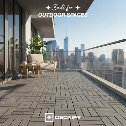 9Pcs Premium Acacia Wood Interlocking Patio Deck Tiles, 12 x 12 x 0.9 Inch Outdoor Flooring, Waterproof for All-Weather Use – Crossed, Gray