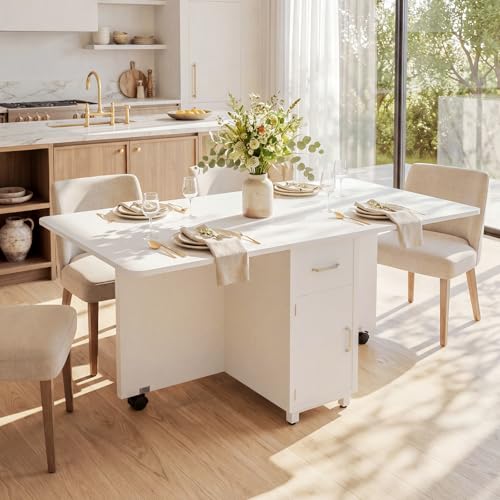Folding Dining Table with Wheels, Space Saving Drop Leaf Kitchen Table with Storage Cabinet, Expandable Movable Furniture for Small Apartment, White - color: White