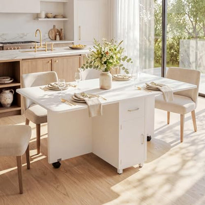 Folding Dining Table with Wheels, Space Saving Drop Leaf Kitchen Table with Storage Cabinet, Expandable Movable Furniture for Small Apartment, White - color: White
