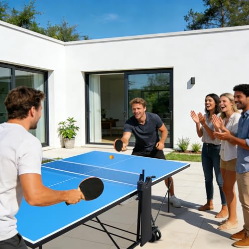 Competition Grade Foldable Indoor Outdoor Portable Ping Pong Table Set with Net, Paddles, Balls, Aluminum Top Playback Mode