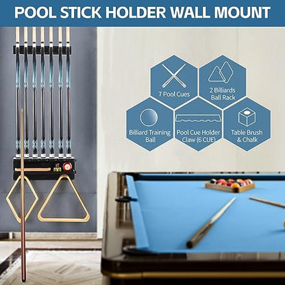 Pool Cue Holder Wall Mount for 7 Pool Sticks, Solid Wood Pool Cue Rack, Billiards Pool Cue Holder Claw Wall for Billiards Decor, Billiards Accessories, Pool Table Accessories Equipment, Black - style: WALL MOUNT