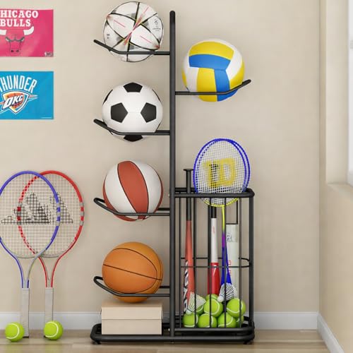 Multi-Function Sports Equipment Storage Racks - Adjustable and Durable Solutions for Organizing Balls, Toys, and Gear Indoors, in Garages, or Outdoors (5-tier-black-with Basket) - style: 5-tier-black-with Basket