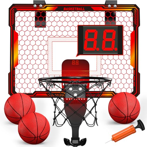 HYES Mini Basketball Hoop Indoor, Over The Door Basket Ball Hoop with 7 LED Lighting/Scoreboard/3 Modes/Foldable Rim, Wall Basketball Toy, Sport Decor Gifts for Kids Adult for Bedroom/Office (Red) - color: Red