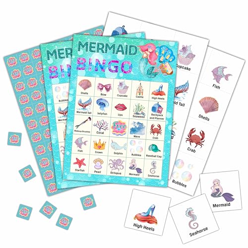 Mermaid Bingo Cards, Mermaid Bingo Games for 24 Players, Under The Sea Party Games for Family Friends Large Group Activities, Ocean Themed Birthday Party Supplies Decorations(31) - style: Blue Mermaid