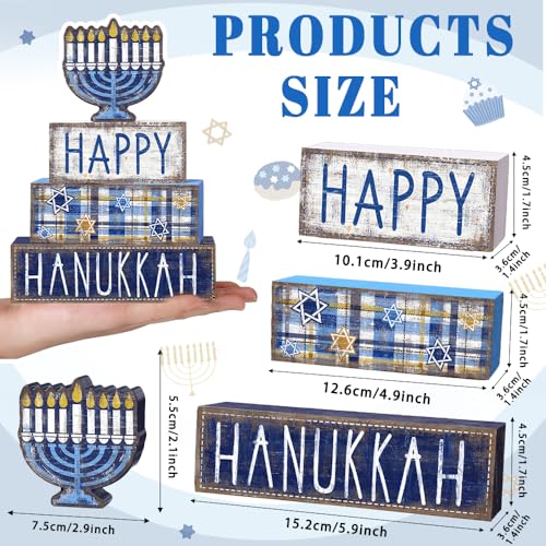 DIYDEC 4Pcs Hanukkah Table Decoration Happy Hanukkah Wooden Block Wooden Menorah Decoration Chanukah Table Centerpiece Sign Jewish New Year Decor for Holiday Gifts Tabletop Fireplace Shelf Desk Party - style: Hanukkah