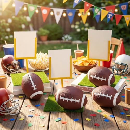 6 Set Football DIY Table Centerpiece Decor Set Includes Mini Footballs, Artificial Turf, Rugby Hoop Photo Goalposts, Football Tabletop Centerpiece Decoration for Game Birthday Party Favors