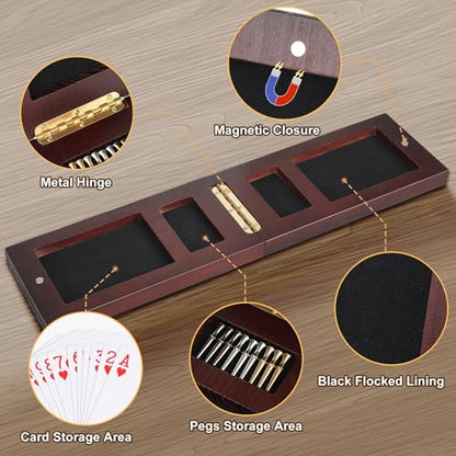 Cribbage Board Game Set, Premium Wooden Board with Magnetic Lock and Built-in Storage, Deck of Cards & 9 Metal Pegs, Fun 2–3 Player Travel Game for Adults and Family - size: Foldable