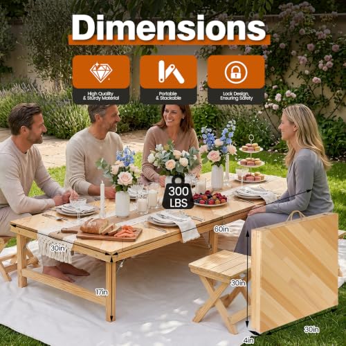 Folding Picnic Table, 5 Ft Solid Wood Low Floor Portable Picnic Table with Boho Table Runner for Indoor & Outdoor, Patio, Beach, Kids, Party, Garden, Camping, Wedding, Travel