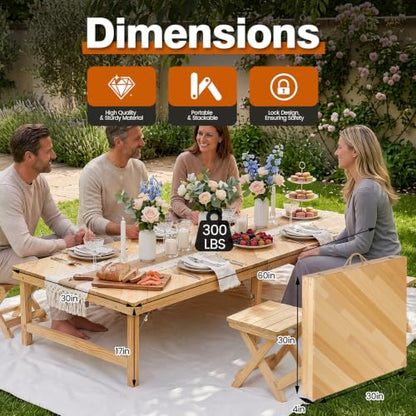 Folding Picnic Table, 5 Ft Solid Wood Low Floor Portable Picnic Table with Boho Table Runner for Indoor & Outdoor, Patio, Beach, Kids, Party, Garden, Camping, Wedding, Travel