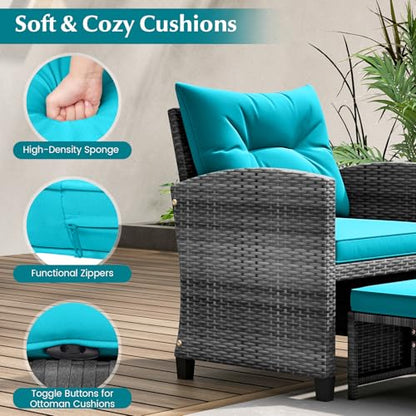 Tangkula 5 Pieces Patio Conversation Set, PE Wicker Rattan Outdoor Furniture Set with 2 Chairs, 2 Ottomans & Tempered Glass Coffee Table, Ideal for Poolside, Backyard, Lawn, Deck, Mix Grey & Turquoise - color: Mix Grey & Turquoise
