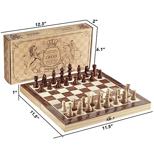 Amerous Chess Set, 12"x12" Folding Wooden Standard Travel International Chess Board Game Set with Magnetic Crafted Pieces For 2 Players