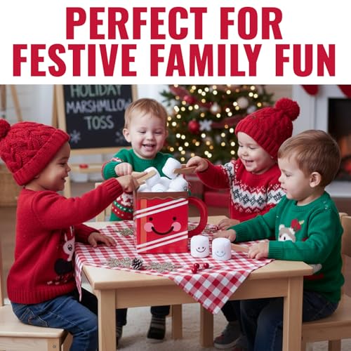 Holiday Hot Chocolate Bean Bag Toss Game, 8 Pc Christmas Party Game for Kids and Adults, Indoor Winter Activity with Marshmallow Bean Bags for Family, Classroom, Events and Carnivals