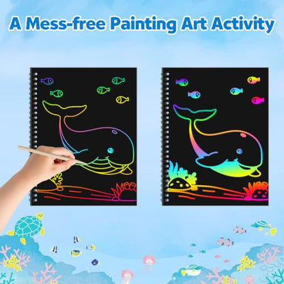 ZMLM Scratch Paper Art Craft: 2 Pack Rainbow Scratch Set for 3 4 5 6 7 8 9 10 Years Old Girls Boys Students Drawing Coloring Black Magic Art Supplies Kits Gifts School Birthday Party Toys (Ocean) - style: Ocean
