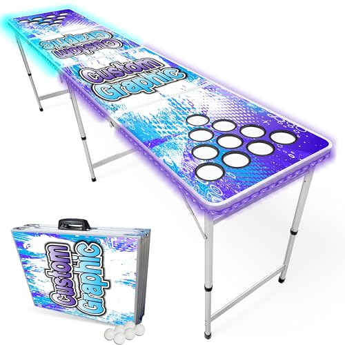 8-Foot Regulation Length Folding Table w/Optional Cup Holes, LED Lights, Custom Graphic (Choose Your Model) - color: Custom, style: w/ LED Lights & Cup Holes
