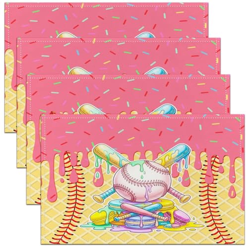 Castle Fairy Ice Cream Drip Baseball Kids Placemats Set of 4,Baseball Bat Ball Sport Game Table Place Mats,Waffle Biscuit Dessert Macaron Kitchen Decor,Yellow Placemat Kitchen Table Decoration 12"x18" - color: Yellow