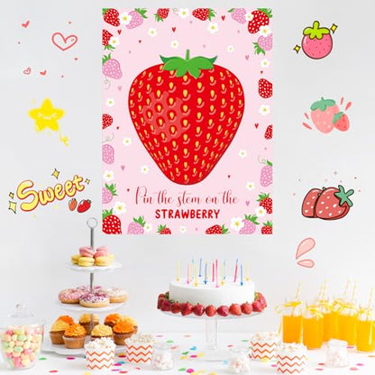 Faccito Strawberry Game Set Pin The Stem On The Strawberry Include Large Poster Blindfold 24 Stickers Berry First Birthday Party Games for Sweet Berry Birthday Party Decorations Activities Supplies - style: Strawberry