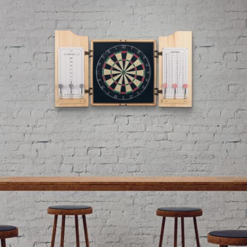 Dart Board Cabinet Set - Natural Pinewood Cabinet with Self-Healing Sisal Dartboard, 6 Steel Tip Darts, Dart Holders, Scoreboard, and Out Chart - Man Cave, Bar or Game Room Decor by Trademark Gameroom
