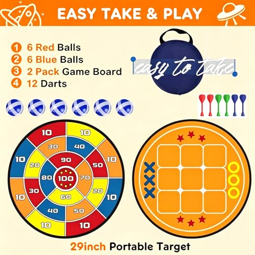 Outdoor Games Upgraded Set: Large Dart Boards with 12 Sticky Darts, 29" Tic Tac Toe with 12 Balls, Double Fun for Kids Family Summer Backyard Pool Beach Party Games
