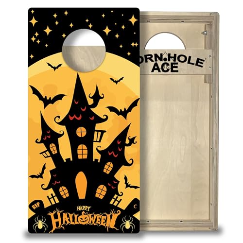 CornholeAce Tailgate Size Cornhole Boards - Regulation 6 inch Hole - Measures 32 inches by 16 inches - Perfect for Travel, Vacations, Beaches, Tailgating, Picnics or Camping - color: Black Haunted House
