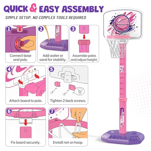 YESHIN Toddler Basketball Hoop Adjustable Height 30-55 Inch with 4 Balls, Large Stable Water-Fill Base, Indoor Outdoor Poolside Kids Basketball Goal for Boys Girls Ages 1-8 Birthday Gift -Pink - color: Pink