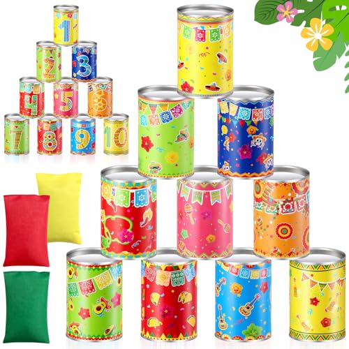 Jingmore Fiesta Mexican Party Games Tiki Can Toss Game Bean Bag Toss with 10 Tin Cans and 3 Bean Bag for Cinco De Mayo Taco Party Supplies Indoors Outdoors Activities - style: Fiesta Mexican