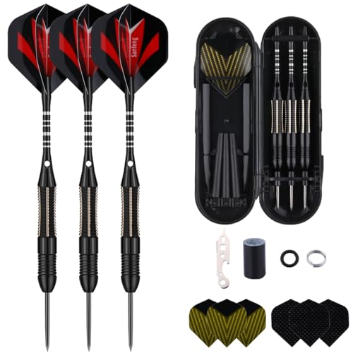 Steel Tip Darts Set for Dartboard, Professional Brass Darts Metal Tip Black Purple Aluminium Nylon Shafts 9 Flights 50 Rubber O-Rings 12 Spring Rings 1 Dart Sharpener Tool 24/27 Grams - color: 26 grams---Black