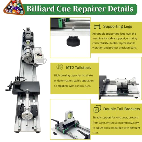 Professional Pool Cue Lathe Machine Billiard Cue Repair Lathe Machine | Multi-Functional Snooker Cue Tip Repair Kit, Brushless Motor, for Pool Stick, 200-6500RPM, Double Track Chuck, 550W 110V