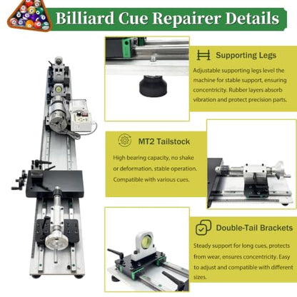 Professional Pool Cue Lathe Machine Billiard Cue Repair Lathe Machine | Multi-Functional Snooker Cue Tip Repair Kit, Brushless Motor, for Pool Stick, 200-6500RPM, Double Track Chuck, 550W 110V