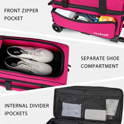 Goloni Double Roller 2 Ball Bowling Bag with Separate Shoe Compartment,2 Ball Bowling Bag with Wheels,Retractable Handle Extends to 40" - color: Rose