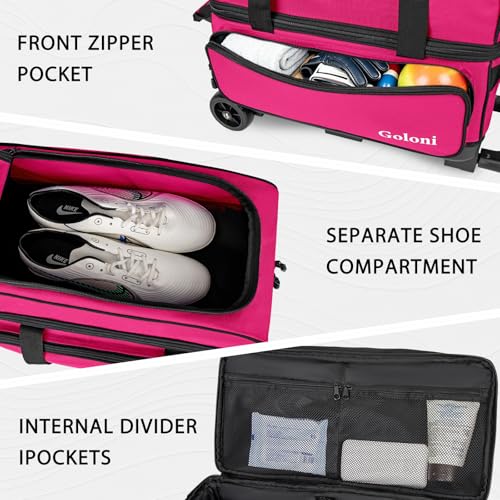Goloni Double Roller 2 Ball Bowling Bag with Separate Shoe Compartment,2 Ball Bowling Bag with Wheels,Retractable Handle Extends to 40" - color: Rose