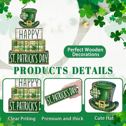DIYDEC 4Pcs St.Patrick's Day Table Decoration Shamrocks Hat Wooden Block Signs Rustic St. Patrick Tiered Tray Decor Happy St.Patrick's Day Centerpiece Sign for Farmhouse Holiday Tabletop Party Decor - style: St.Patrick's Day Hat