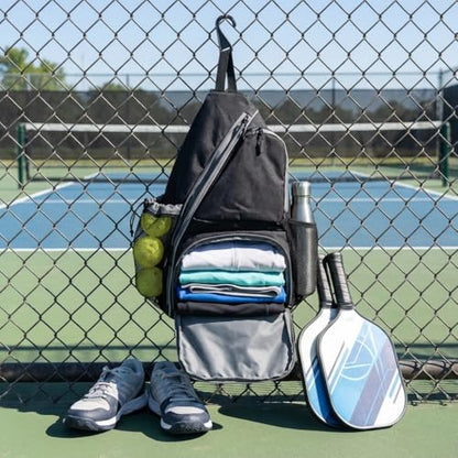 Pickleball Sling Bag with Shoe Compartment - Crossbody Backpack Fits 2 Paddles, 32oz Bottle & Fence Hook, Sports Bag for Men & Women (Shoe Limit: up to US Men's 10 / Women's 11.5) - color: Black/Grey