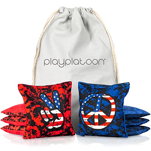 Professional Cornhole Bags - Set of 8 Regulation All Weather Double Sided - Sticky Side/Slick Side Bean Bags for Pro Corn Hole Game - color: Blue / Red Peace Signs