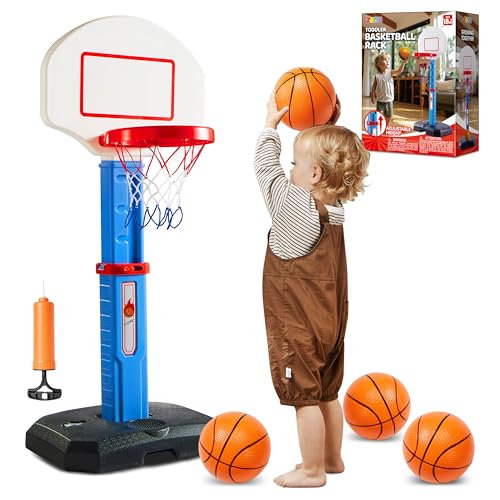JOYIN Toddler Basketball Hoop Indoor, Adjustable Basketball Goal for Kids with 4 Balls, Game Toys for Playroom Pool Outdoor, Birthday Gift for Baby Boys Girls Age 1 2 3 4 - Air Pump Included - color: Blue and Orange
