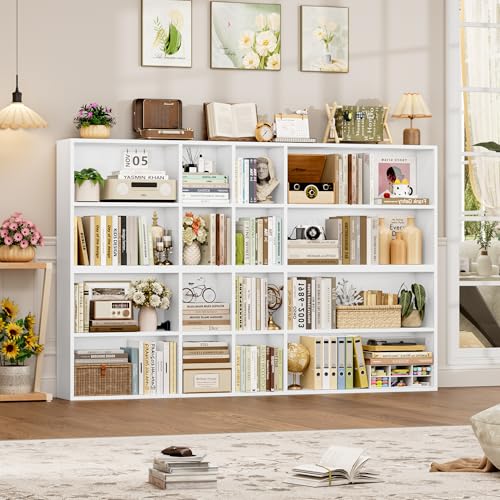 FOTOSOK 71'' Tall Bookshelf with 14 Cubes, 7 Tier Double Wide White Bookshelf with 6 Adjustable Shelves, 19.6" Narrow Bookcase DVD/CD Media Storage, Space Saving Display Shelf Cabinet, White - color: White