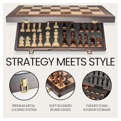 17" Magnetic Wooden Chess Set - Large Folding Portable Travel Chess Board - Hand Carved Pieces - Foam Storage Slots - 2 Extra Queens - Tournament and Beginner Play - Adults and Kids - size: 17"