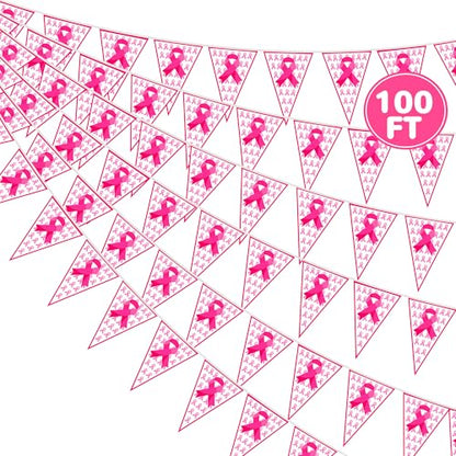100 FT Breast Cancer Awareness Decorations, 3 Pack Pre-assemble Pink Ribbon Pennant Banner Flags, 60 PCS Plastic Pennants Flags Indoor Outdoor Party Supplies Home Office Ceiling Wall Hanging Decor - style: Breast Cancer