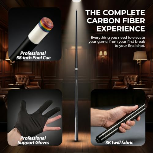 Carbon Fiber Pool Cue, 58 Inch Professional Pool Stick with Solid Oak Core | High-Density Solid Oak Core, Tacos de Billar Profesionales, Full Set with Cue Bag, Towel, Gloves for Home Bar & Billiard Hall