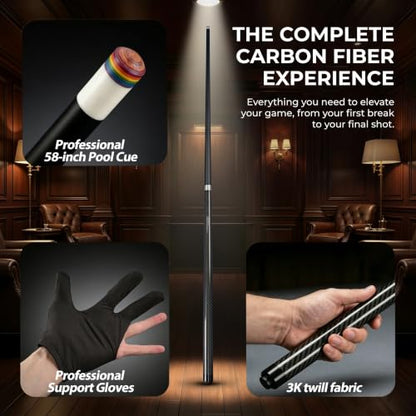 Carbon Fiber Pool Cue, 58 Inch Professional Pool Stick with Solid Oak Core | High-Density Solid Oak Core, Tacos de Billar Profesionales, Full Set with Cue Bag, Towel, Gloves for Home Bar & Billiard Hall