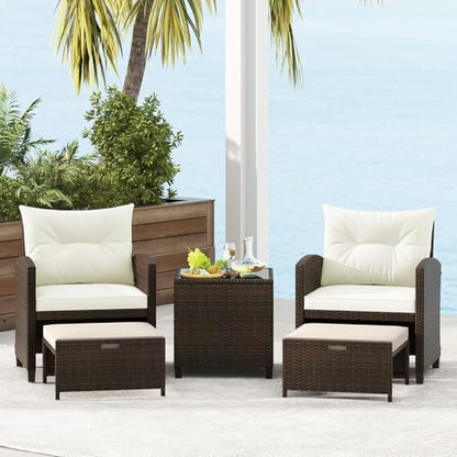 Tangkula 5 Pieces Patio Conversation Set, PE Wicker Outdoor Furniture Set with 2 Chairs, 2 Ottomans & Tempered Glass Coffee Table, Ideal for Poolside, Backyard, Lawn, Deck, Mix Brown & Off White - color: Mix Brown & Off White