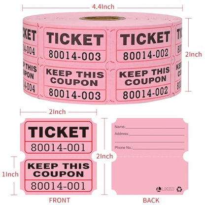 L LIKED Raffle Tickets Double Rolls 1000 Per Roll 50/50 Raffle Tickets for Events,Carnivals, Entry, Class Reward, Prizes(Pink) - color: 1000 Pink