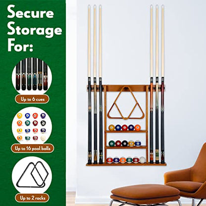 Pool Cue Rack - Billiard Pool Stick and Ball Holder Only - 100% Wood Wall Mount Holds 6 Cues and 16 Balls - Pool Table Accessories, Mahogany