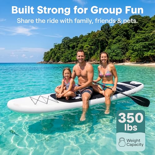 SereneLife 10’6" Inflatable Stand Up Paddle Board with Premium SUP Accessories - Wide Stable Design with Non-Slip EVA Deck Pad, for Youth and Adults, 350 lbs. Capacity - color: Black/Grey