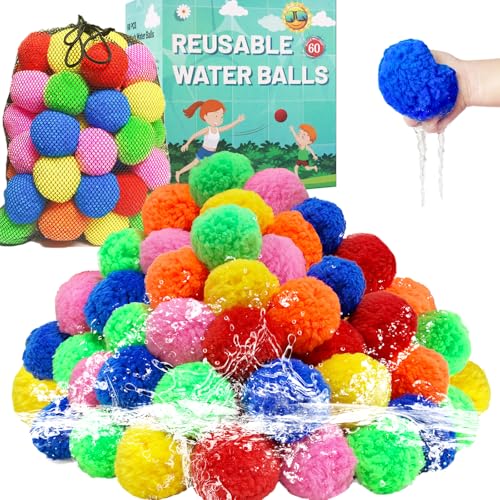 BEFANS 60 Pcs Reusable Water Balls, Reusable Water Balloons for Outdoor Toys and Games, Water Toys for Kids and Adults Boys and Girls - Summer Toys Ball for Pool and Backyard Fun - color: Multicolor 60