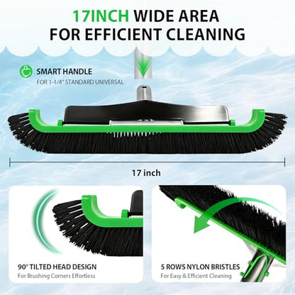 Wide Pool Brush Head, Heavy Duty Pool Scrub Brush with 12-Rows Soft Bristles, Inground/Above Ground Pool with Curved Ends, Clean Pool Wall, Floor, Step, Corner Faster, Safe for Vinyl Liner (17 INCH) - size: 17 INCH